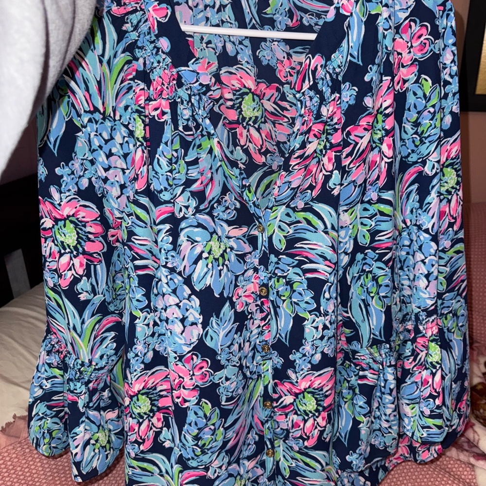 Lilly Pulitzer Blue Green 3/4 Sleeve Boxy Blouse